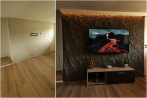 3D Vulkanikus sziklafal előtte–utána – üres nappali falból kézzel formált, karakteres kőhatású TV-fal modern otthonban.