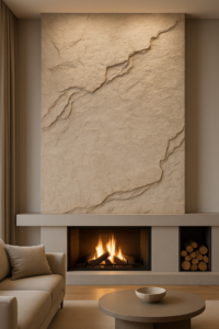 3D réteges sziklafal kandallófal mögött vagy hálószoba falra, bézs árnyalatban kialakítva, elegáns nappali enteriőrben, Budapesthez és Balaton térségéhez hasonló prémium otthonok inspirációjára  