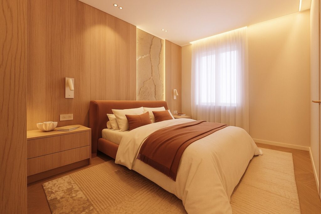 Bézs színű, kézzel formált 3D Fillit sziklafal hálószobában – LED-del megvilágított, kőhatású - sziklahatású falburkolat egyedi természetes textúrával kivitelezve országosan.