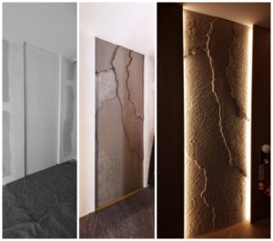 Hálószobai fal teljes átalakulása: gipszkarton felületről bézs színű, kézzel formált 3D Fillit sziklafalra – egyedi sziklás kőhatás LED világítással, Budapesten és környékén - országos kivitelezéssel