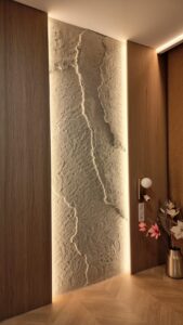 Exkluzív 3D Fillit sziklafal: kézzel készített kőhatású dekoráció, amely ideális választás luxus nappali TV fal mögé, reprezentatív irodákba vagy modern hálószobákba, beépített meleg fényű LED világítással.