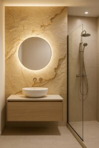 3D réteges sziklafal világos, modern fürdőszobába vagy nappali TV falára – exkluzív faldekoráció budapesti és balatoni enteriőrökbe