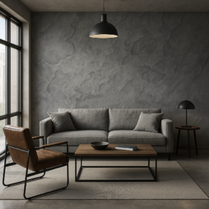 Modern, ipari stílusú nappaliba vagy tárgyalóba szürke sziklafal hatású dekorációval – karakteres és letisztult enteriőr faldekoráció