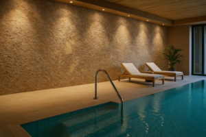 Tufa hatású dekorfal elegáns beltéri wellness térben, exkluzív uszodai környezetben medencével és hangulatos világítással.
