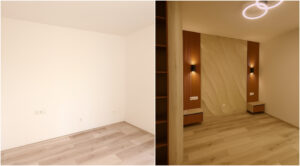 3D Domborzatos sziklafal előtte–utána – üres hálószoba falból elegáns, kézzel formált kőhatású dekoráció. Ideális hálószobákba, nappalikba, irodákba és hotelekbe is.