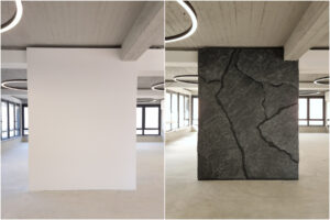 Fillit sziklafal előtte–utána – üres edzőterem falából kézzel formált, sötét tónusú kőhatású dekoráció. Modern GYM terekben, nappalikban, irodákban és éttermekben is látványos megoldás.