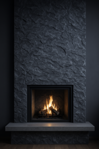 Exkluzív modern kandalló töredezett pala sziklafal burkolattal, akár ház lábazatához, amely elegáns és természetes kőhatást ad a nappali enteriőrnek.