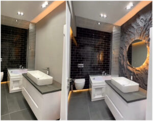 Modern fürdőszoba előtte–utána átalakítás: a sima szürke fal helyén látványos 3D lávakő sziklafal és kör alakú, háttérvilágításos tükör. Kézzel formált, prémium kőhatású falburkolat, amely elegáns és exkluzív megjelenést ad a fürdőszobának. Országos kivitelezés – luxus, természetes hangulat és egyedi dizájn.