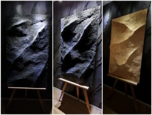 3D csúcsos sziklafal típus kézzel formált minta táblán – természetes, hegyes textúrájú prémium felület három nézetből bemutatva, ajánlott nappaliba Tv - média fal mögé, előszobába, étkezőbe vagy kandalló mögé