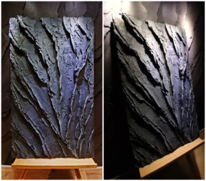 Kézzel formált 3D Lávakő sziklafal minták bemutatótáblán – drámai, mélyen rétegzett textúra prémium enteriőrökbe, nappaliba vagy éttermi belső falra ajánlva – beltéri bemutató, Budapest és környéke