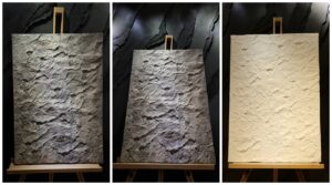 Kézzel formált 3D lemezes sziklafal minta tábla három nézetből – természetes, rétegzett textúrájú világos és sötét felületek nappaliba, kültéri falra, homlokzatra, lábazatra, előszobába vagy étkezőbe ajánlva – prémium belsőépítészeti és homlokzati kivitelezésekhez