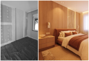 Hálószobai fal teljes átalakulása: gipszkarton felületről bézs színű, kézzel formált 3D Fillit sziklafalra – egyedi sziklás kőhatás LED világítással, országos kivitelezéssel