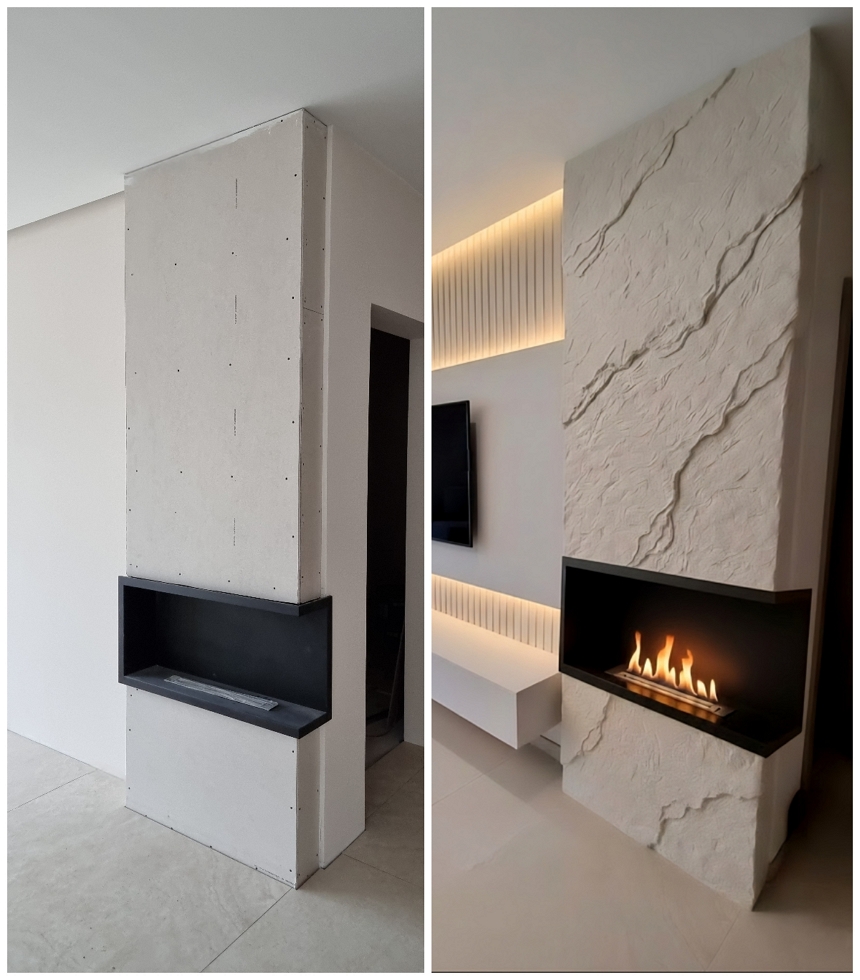 Modern 3D sziklafal kivitelezése kandalló köré: bézs kőhatású dekoratív falburkolat nappaliba. Egyedi kézi formálású műszikla fal design Budapest, Debrecen, Győr, Balaton környéke és országos kiszállással a Creative Art Walldesign-tól.