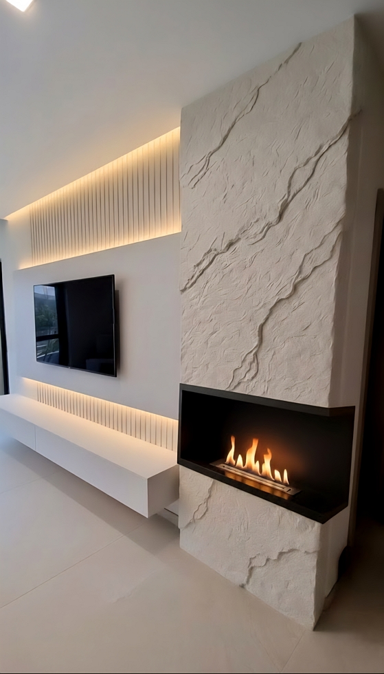 Kézzel formált 3D töredezett pala sziklafal modern kandallón – bézs színű beltéri falburkolat nappaliba, design lakásba, irodai várótérbe vagy elegáns üzleti térbe