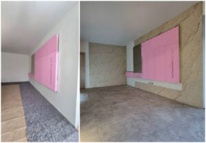 Kézzel készített 3D réteges sziklafal design - dekoráció egy Budapest, Aranyhegy területén található nappaliban – Előtte-utána állapot.